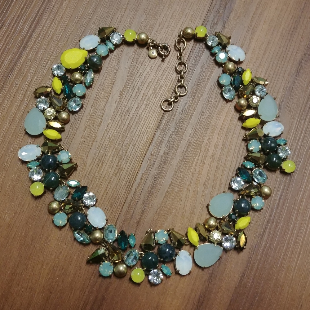J Crew Green Neon Agate Blue Opal Crystal Necklace patina metal